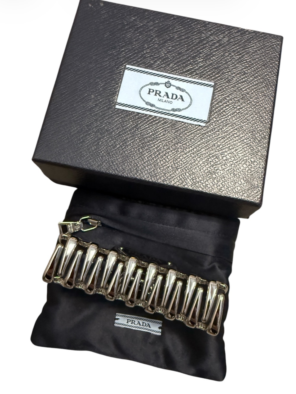 Prada Silver Metal Hair Claw Clip with Black Logo Triangle - Picture 5 of 10